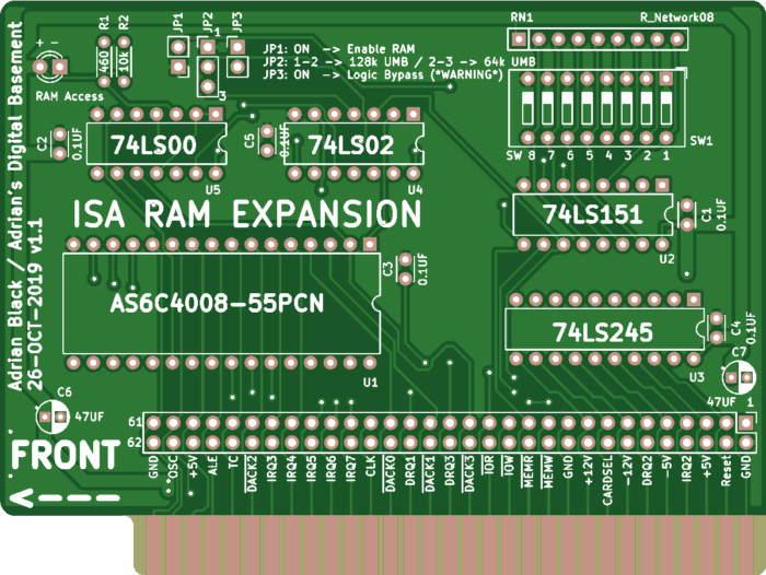 Печатная плата 8-bit ISA RAM UMB #702(1355)(зелёная маска)