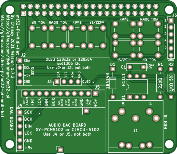 Печатная плата mt32-pi-midi-hat #295(1401) (зелёная маска)